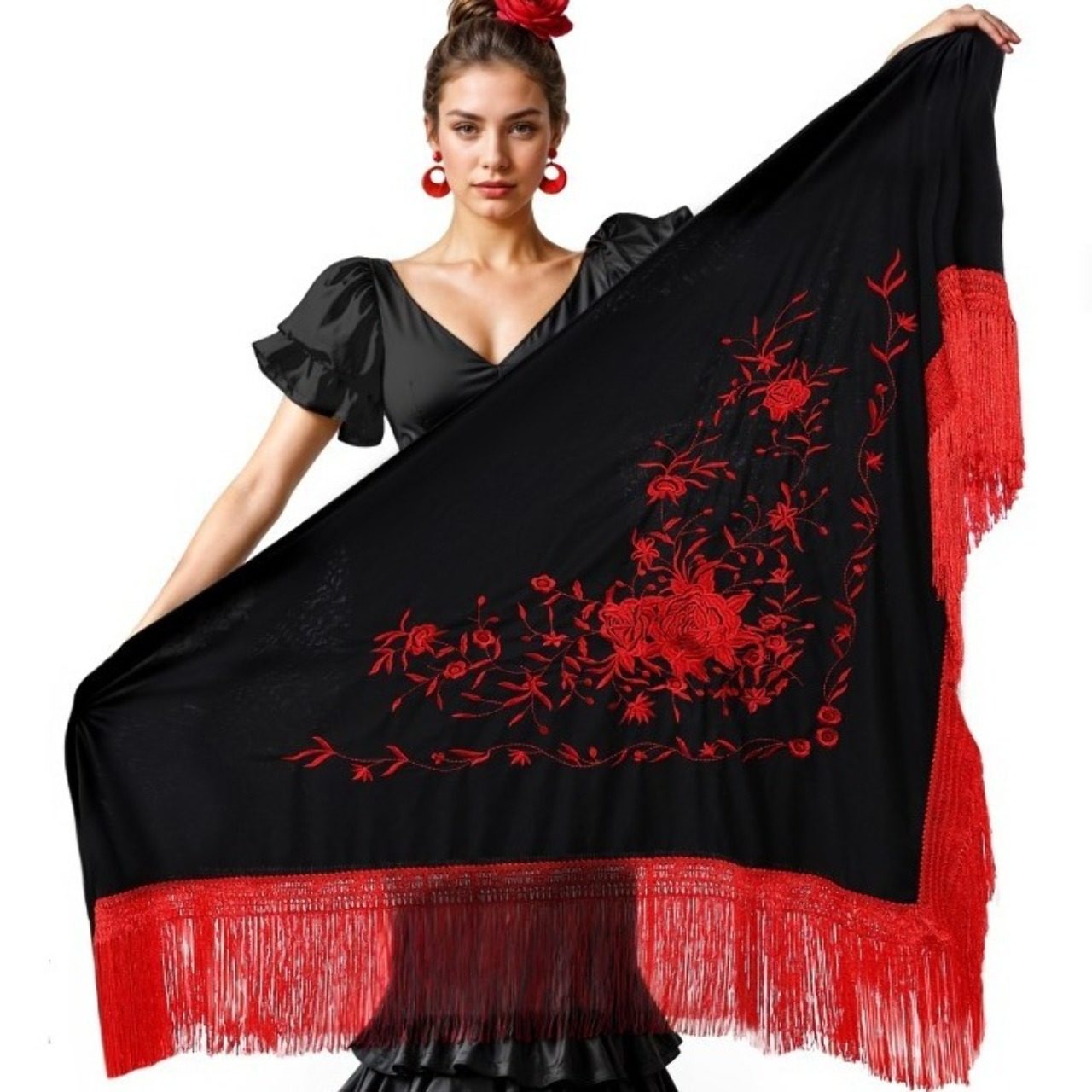 Mantón Negro Bordado Rojo