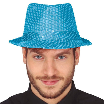 Sombrero de Gangster Azul Claro Lentejuelas Eco